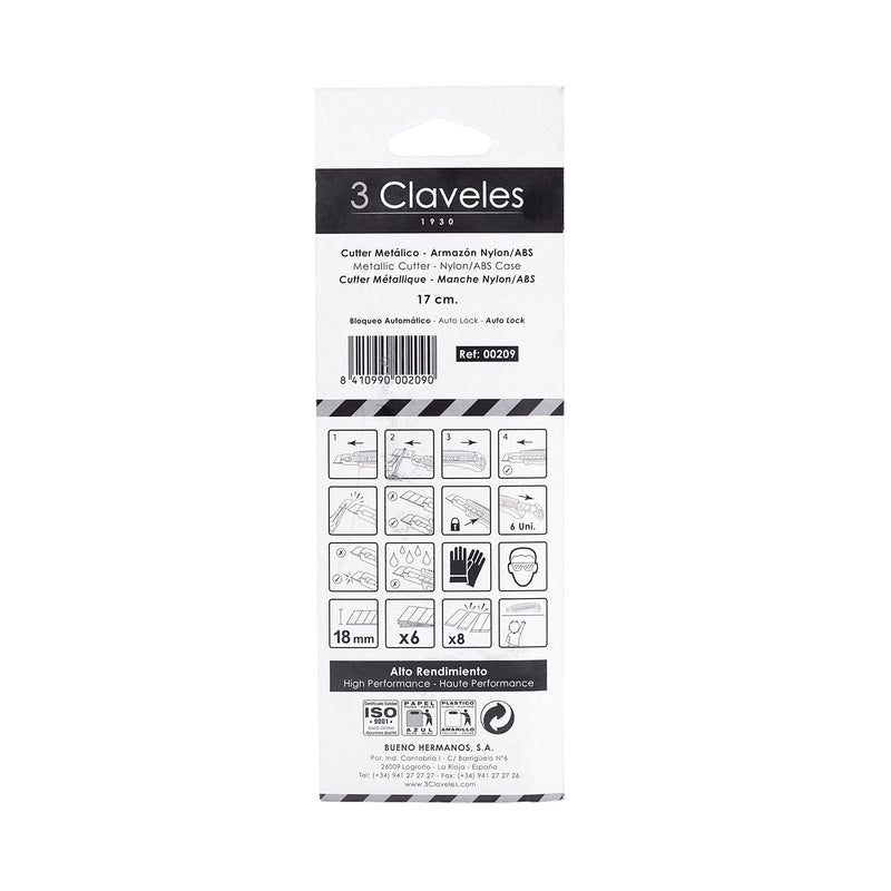 3 Claveles 00209 - Cutter Alto Rendimiento Metálico con Armazón Nylon/ABS
