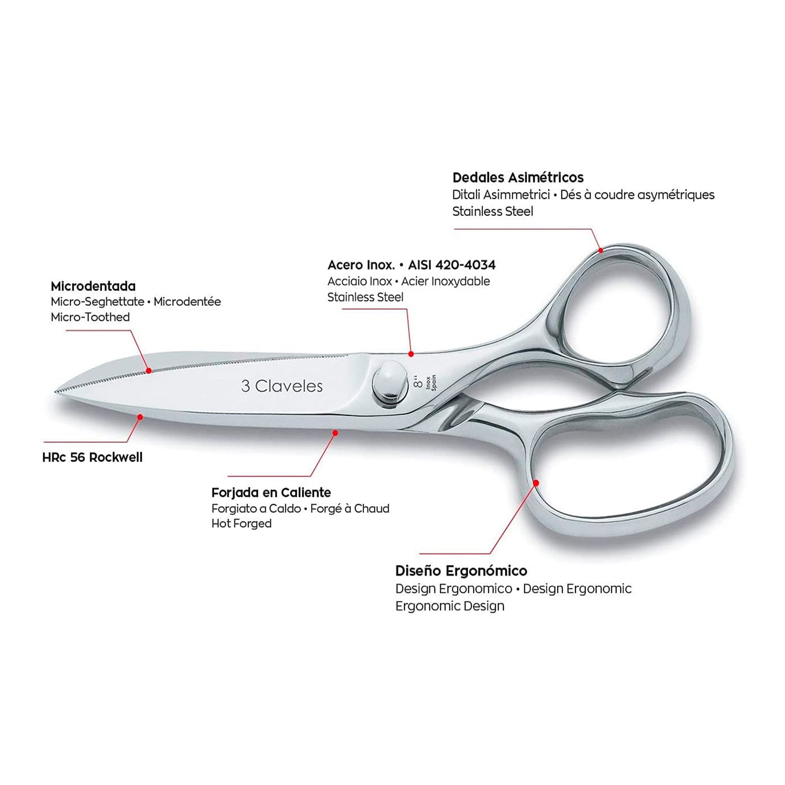 3 Claveles Prof-Class - Tijeras de Cocina Profesionales 8" 20 cm, Acero Forjado en Caliente
