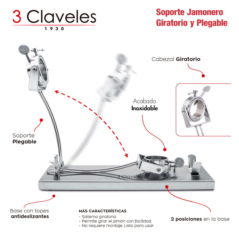 3 CLAVELES 01737 - Soporte Jamonero Plegable PRO en Acero Inoxidable con Cabezal Giratorio