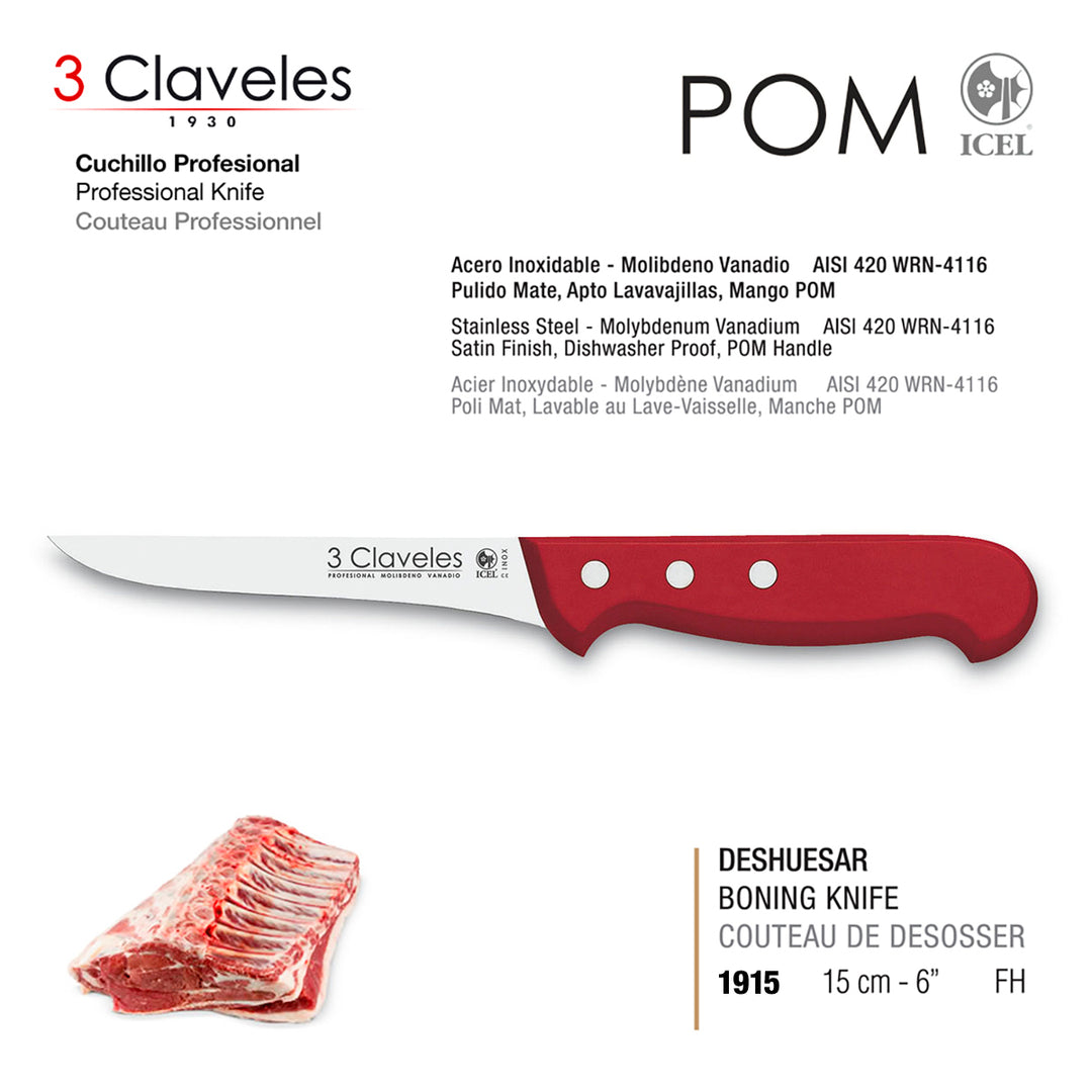 3 Claveles - Kit Cuchillo Jamonero Alveolado, Deshuesador Rojo y Funda Protectora