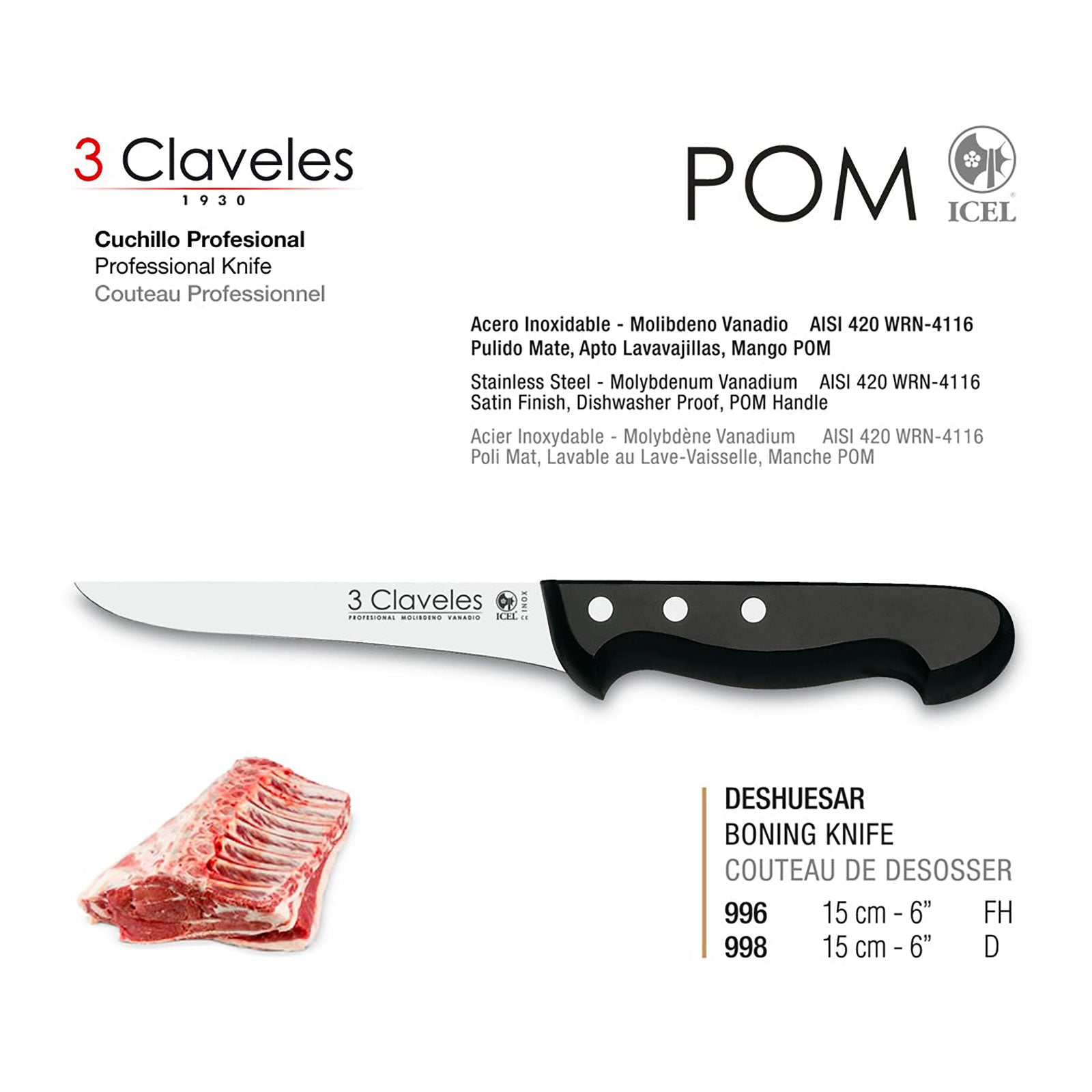 3 Claveles POM - Cuchillo Deshuesador Profesional 15 cm Acero Inoxidable