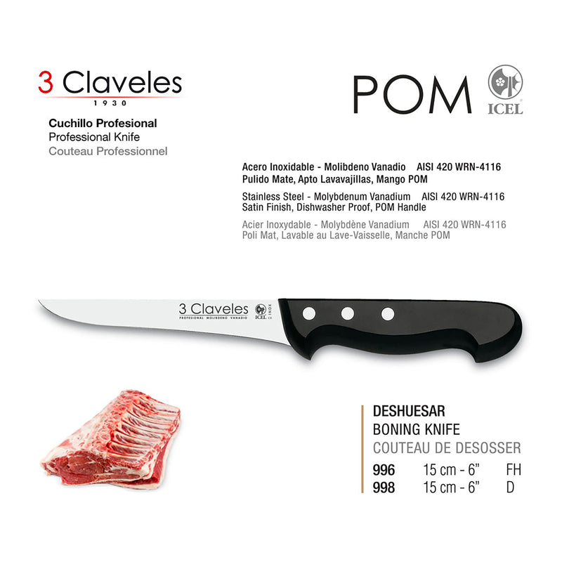 3 Claveles POM - Cuchillo Deshuesador Profesional 15 cm Acero Inoxidable