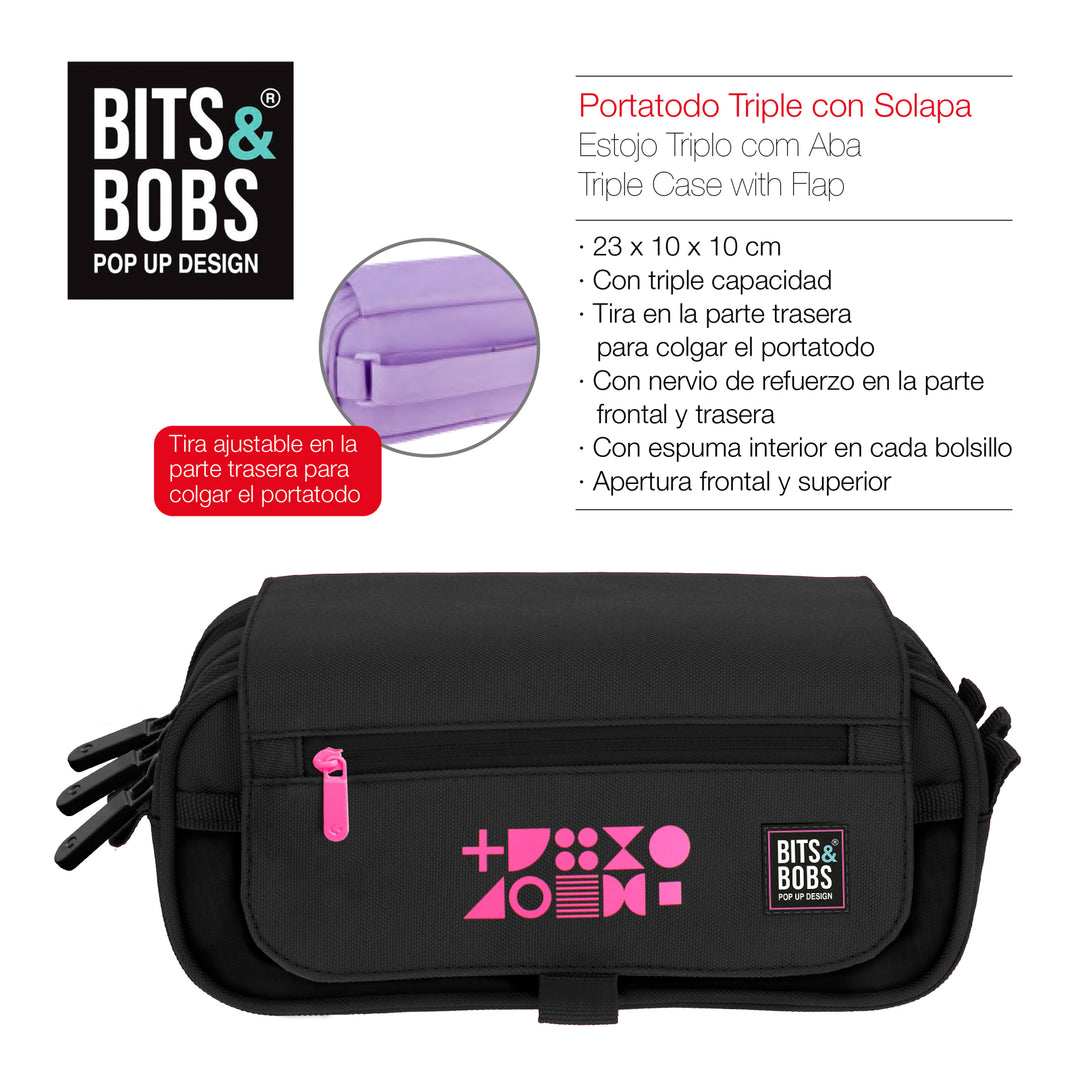 ColePack Fluor - Estuche Triple de 3 Cremalleras con Material Escolar Incluido. Fucsia