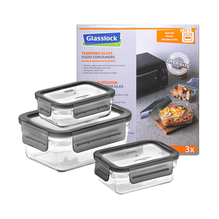 Glasslock Oven Smart - Set de 3 Recipientes Rectangulares de 0.4L, 0.7L y 1L en Vidrio Templado