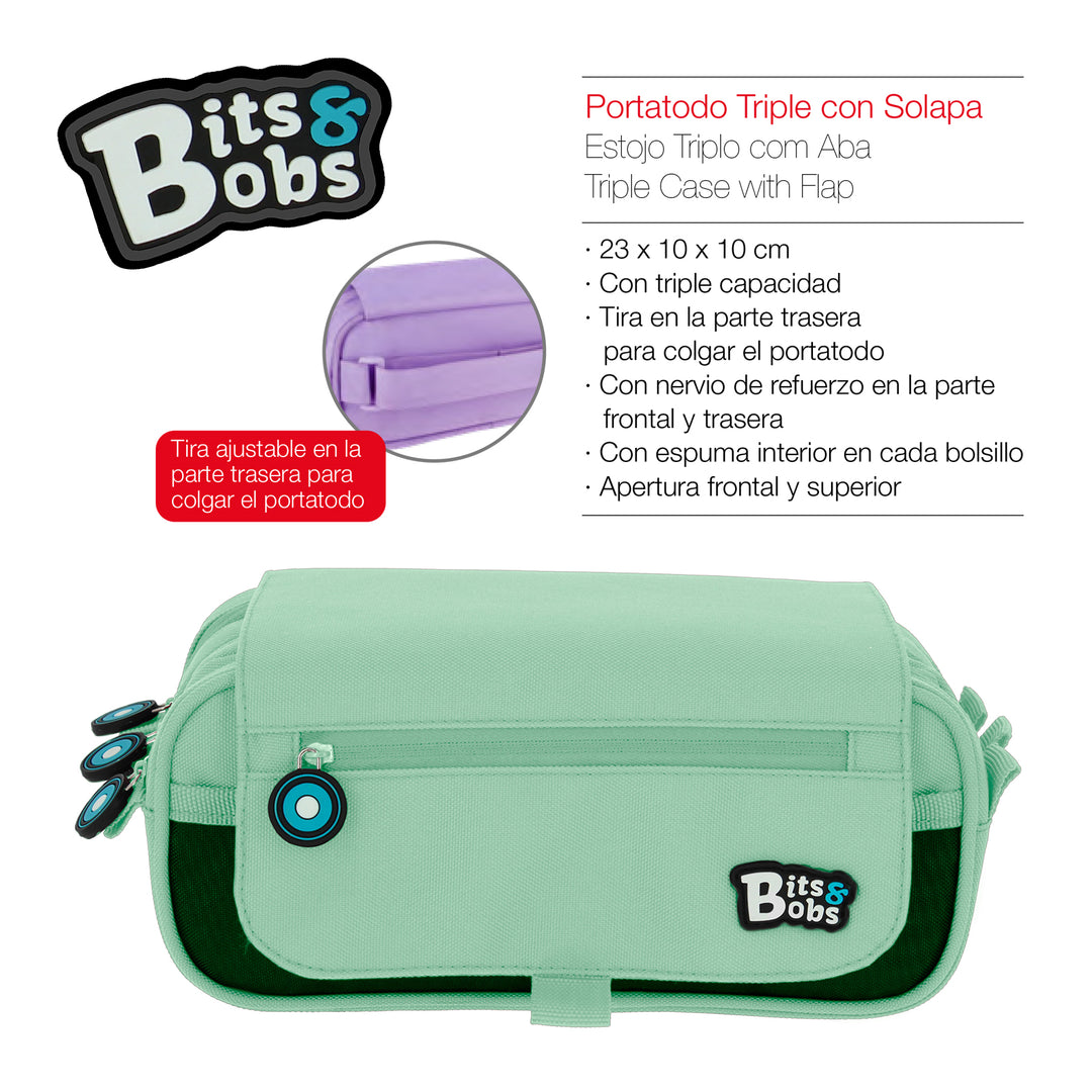 Grafoplás - Estuche Portatodo Triple con Solapa para Material Escolar. Mint Soft