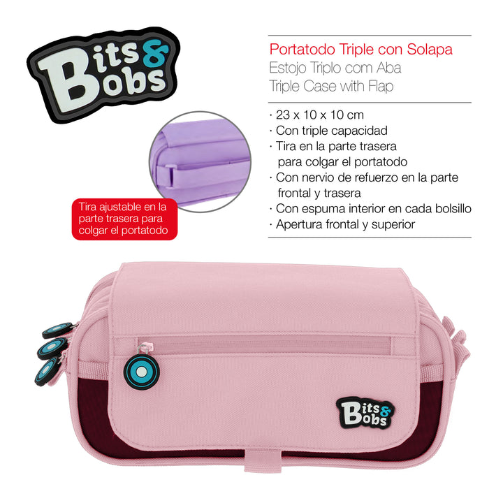 Grafoplás - Estuche Portatodo Triple con Solapa para Material Escolar. Rosa Soft