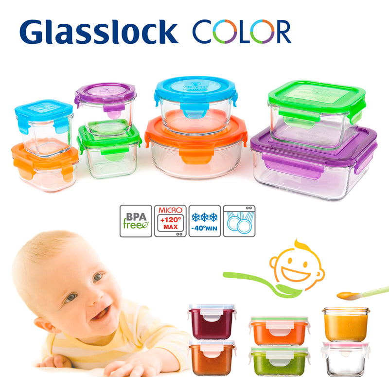 Glasslock Colors - Pack 4 Recipientes Herméticos Cuadrados de 0.5L en Vidrio Templado