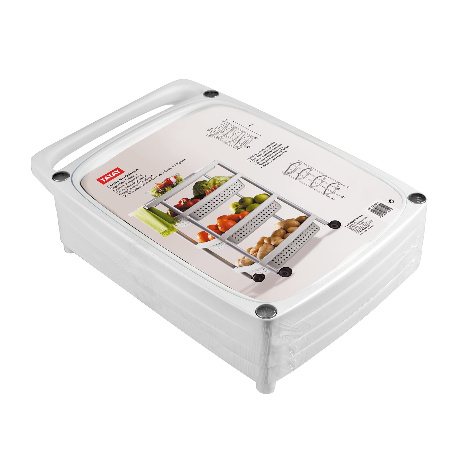 Tatay 7738201 - Carrito Verdulero de Cocina con 4 Estantes y Ruedas, Color Blanco