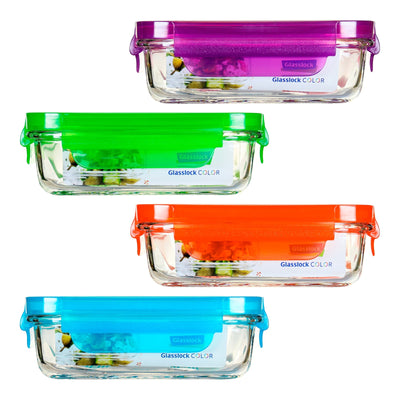 Glasslock Colors - Lote de 4 Recipientes Rectangulares de 0.4L en Vidrio Templado. Surtido