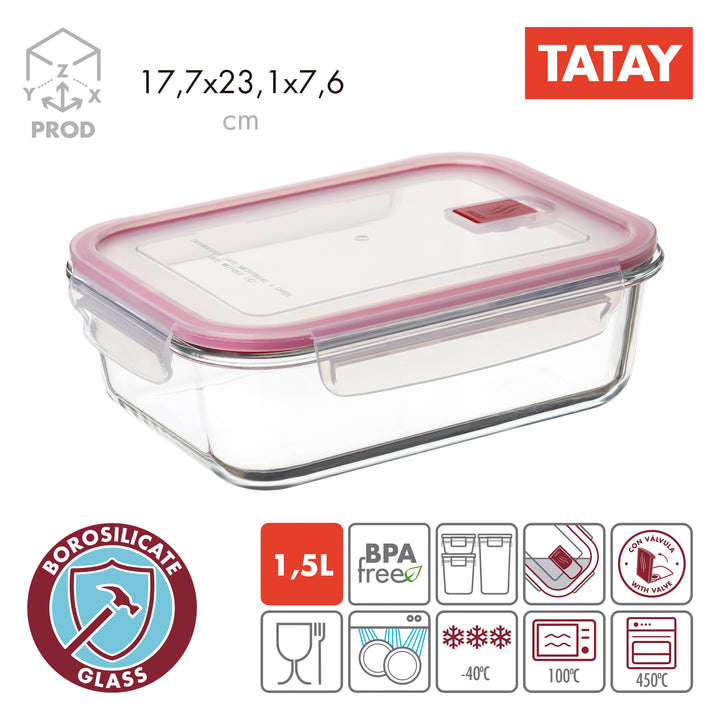 TATAY Cook & Eat - Recipiente Rectangular de 1.5L en Vidrio Borosilicato. Apto Horno