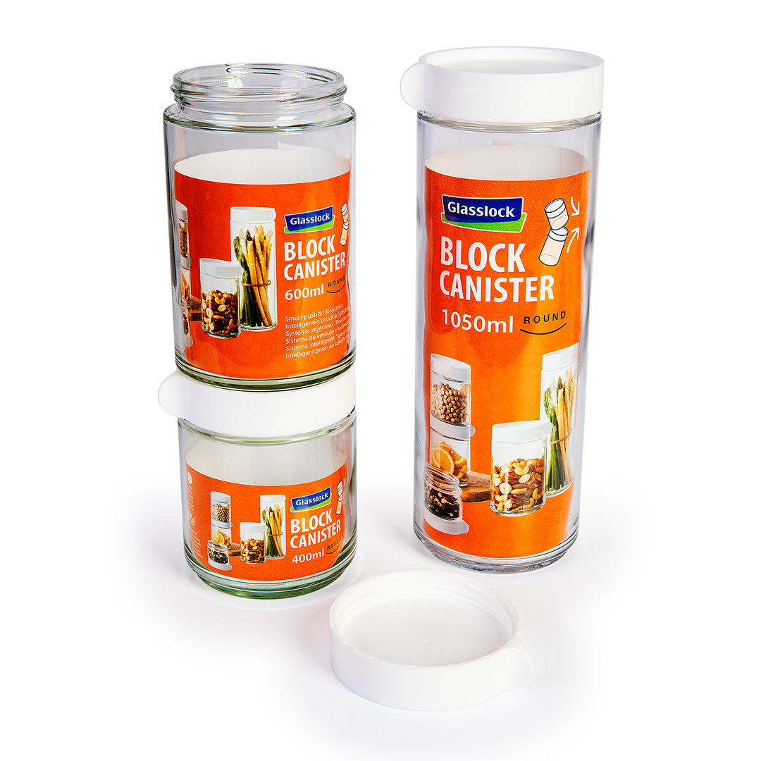 Glasslock Block Canister - Bote de Cocina Redondo de 1L en Vidrio Templado