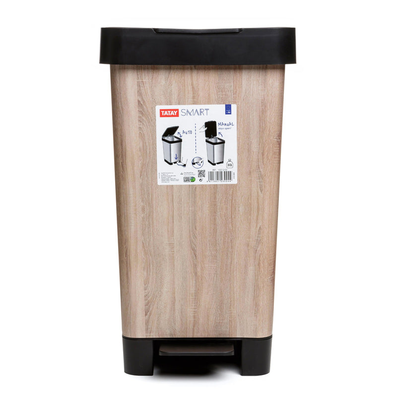 TATAY Smart - Cubo de basura 25L con Doble Apertura, Pedal Retráctil y Manual. Deco Wood