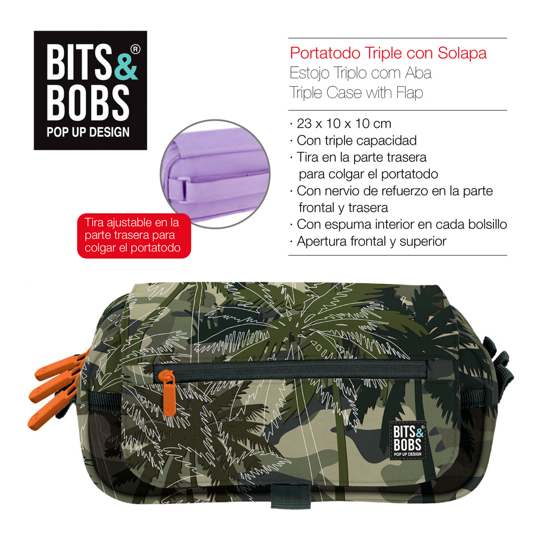 ColePack Design - Estuche Triple de 3 Cremalleras con Material Escolar Incluido. Palms