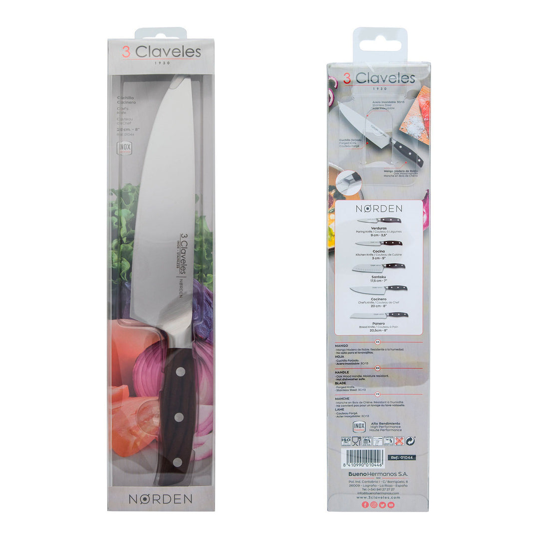 3 Claveles Norden - Cuchillo Cocinero Profesional 20 cm Acero Forjado y Mango de Roble