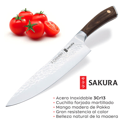 3 Claveles Sakura - Juego Premium de 3 Cuchillos Acero Forjado con Hoja Martilleada