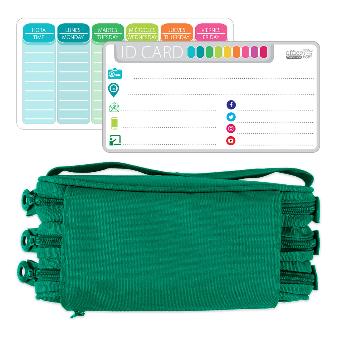 Estuche Escolar Triple Portatodo de Alta Capacidad con Tres Cremalleras. Verde