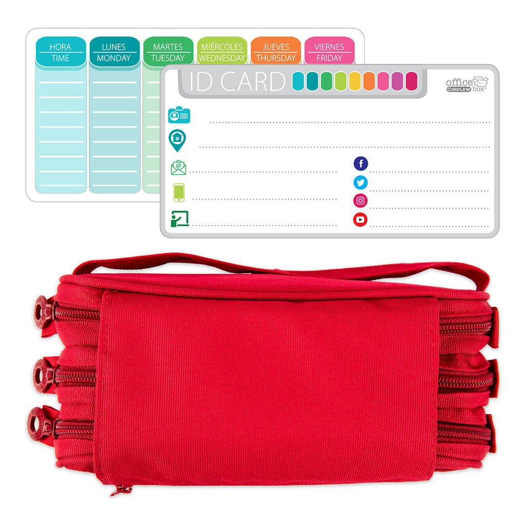 Estuche Escolar Triple Portatodo de Alta Capacidad con Tres Cremalleras. Rojo