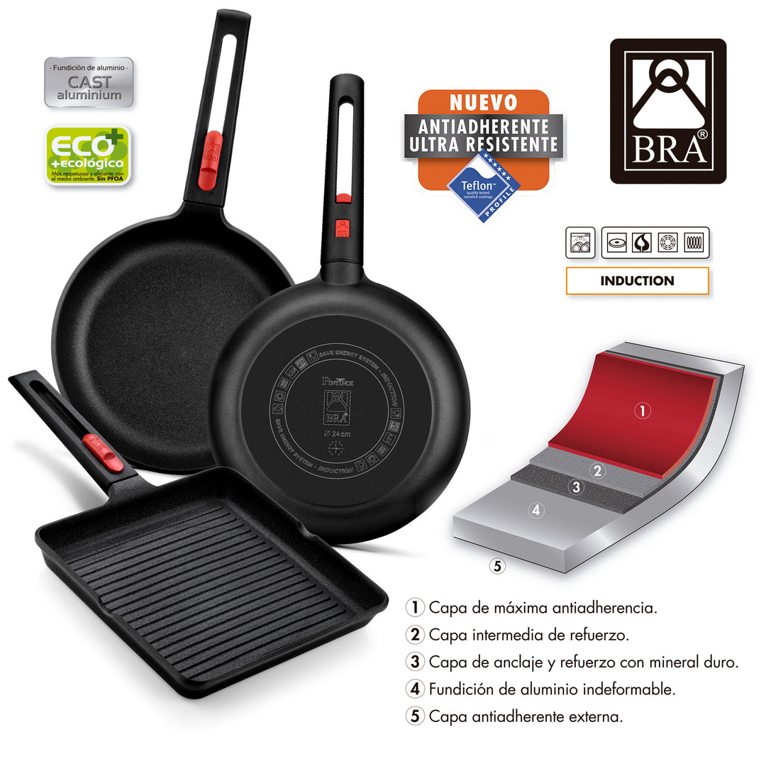 BRA Infinity - Grill Rayado 22 cm Mango Desmontable. Inducción y Horno