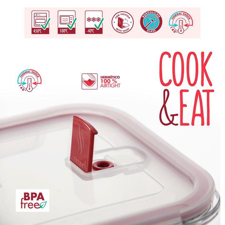 TATAY Cook & Eat - Set de 2 Recipientes de 0.37L y 1.1L en Vidrio Borosilicato. Aptos Horno