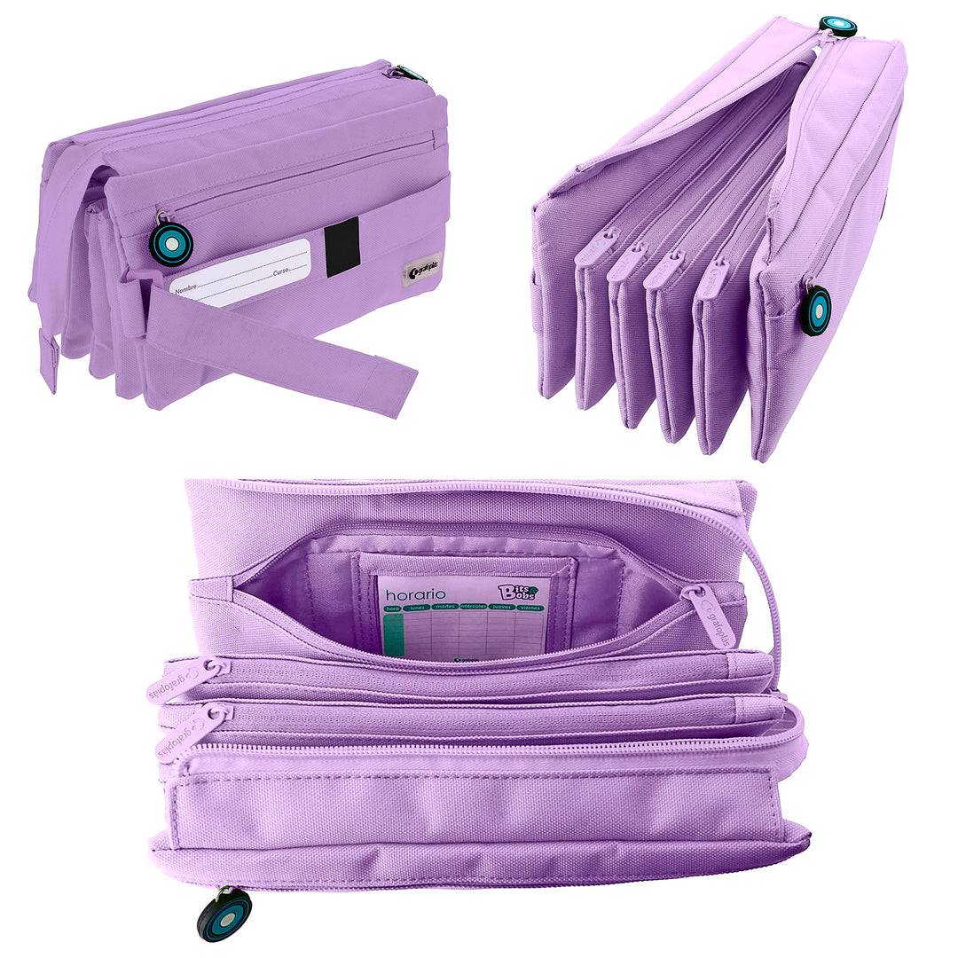 ColePack 2022 - Estuche Escolar Cuádruple de 4 Cremalleras y Material Incluido. Fucsia
