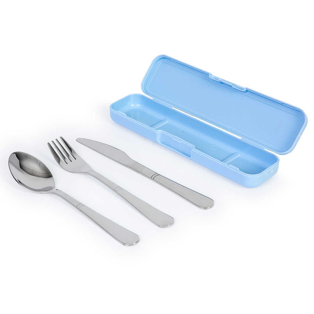 IBILI Lunch Away - Set de 3 Cubiertos Reutilizables en Acero Inoxidable con Estuche. Azul