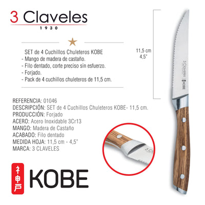 3 Claveles Kobe - Set de 4 Cuchillos Chuleteros 11.5 cm en Acero Inoxidable