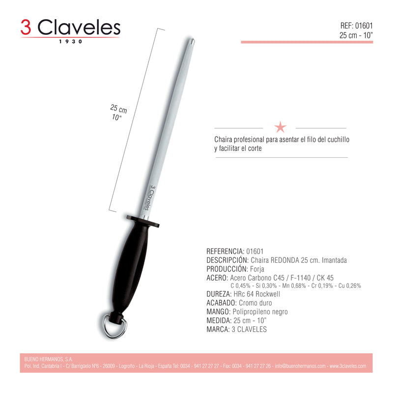3 Claveles - Chaira Redonda Profesional 25 cm en Acero Carbono Cromado 