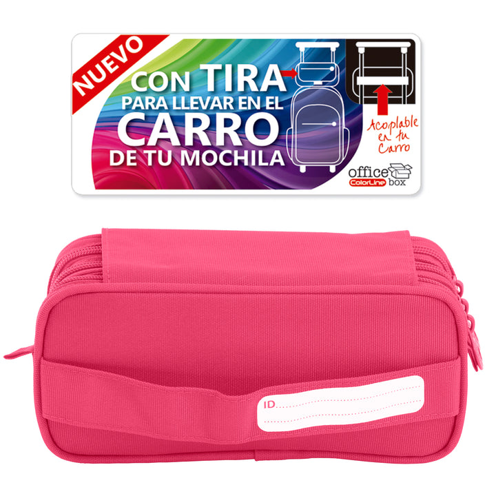 Estuche Escolar Triple Portatodo de Alta Capacidad con Tres Cremalleras. Fucsia