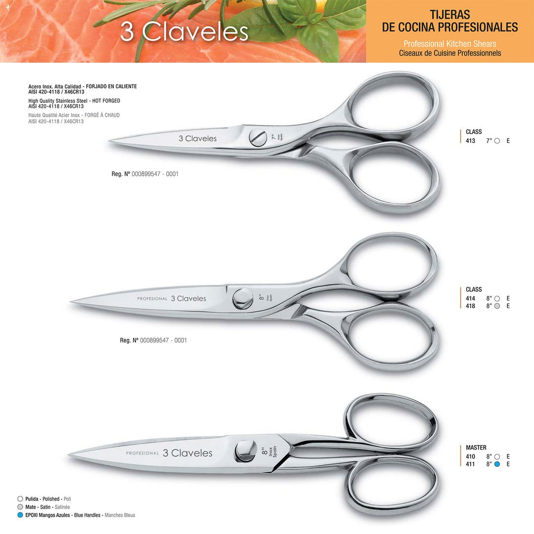 3 Claveles Master - Tijeras de Cocina Profesionales de 8" 20 cm, Acero Forjado en Caliente