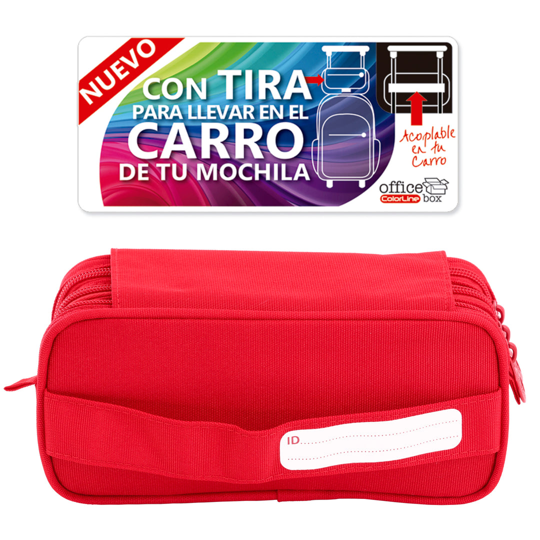 Estuche Escolar Triple Portatodo de Alta Capacidad con Tres Cremalleras. Rojo