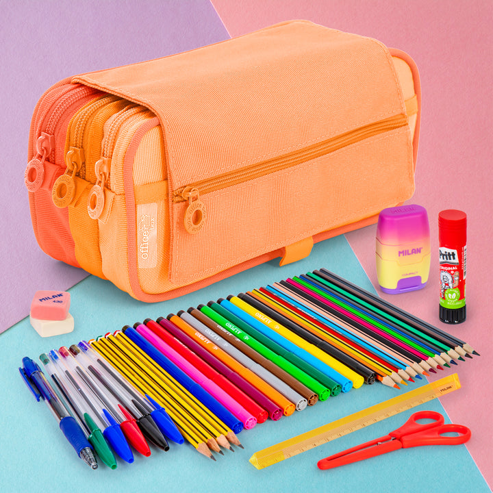 ColePack Blush 2022 - Estuche Triple de 3 Cremalleras y Material Escolar Incluido. Naranja