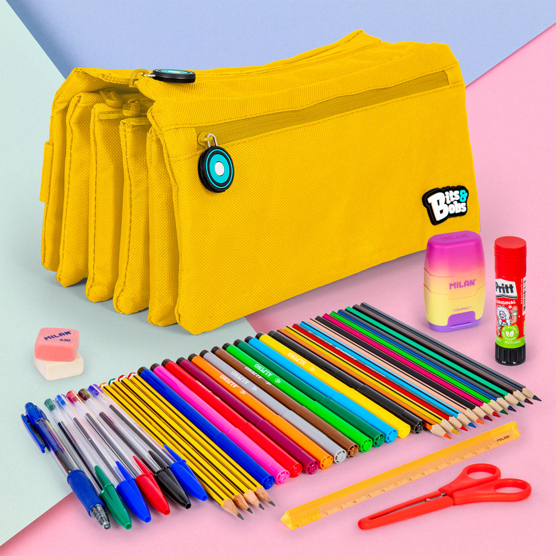 ColePack 2022 - Estuche Escolar Cuádruple de 4 Cremalleras y Material Incluido. Amarillo