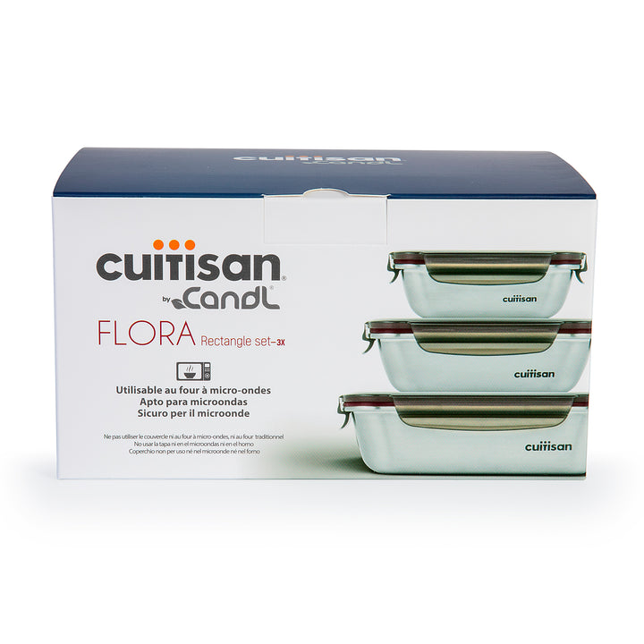 Cuitisan Flora - Lote de 3 Recipientes Rectangulares de 0.3L, 0.6L y 1.1L en Acero Inoxidable Apto Microondas