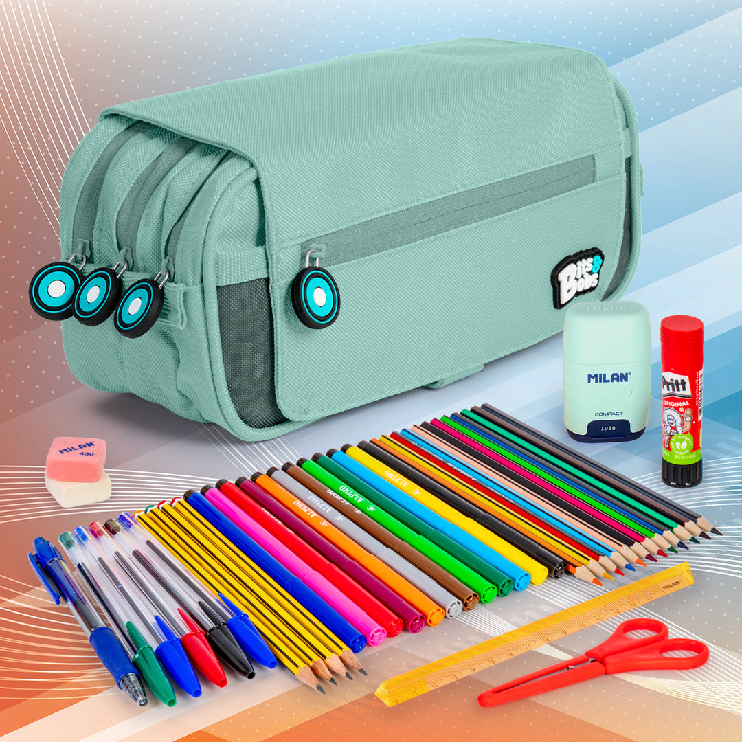 ColePack BitsBobs - Estuche Triple de 3 Cremalleras con Material Escolar Incluido. Azul Soft