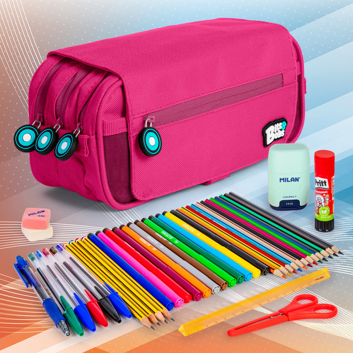 ColePack BitsBobs - Estuche Triple de 3 Cremalleras con Material Escolar Incluido. Magenta