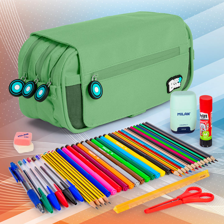 ColePack BitsBobs - Estuche Triple de 3 Cremalleras con Material Escolar Incluido. Mint