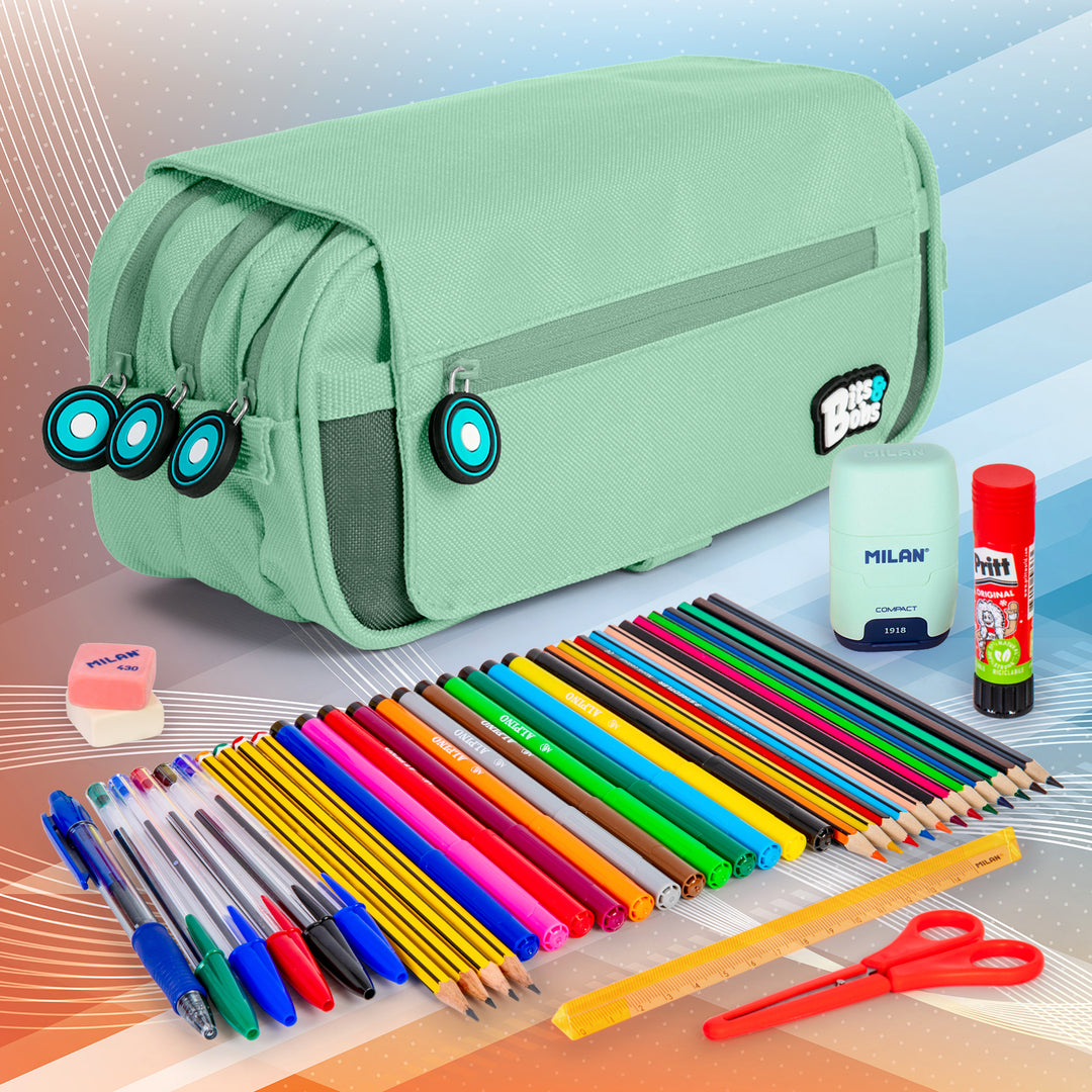 ColePack BitsBobs - Estuche Triple de 3 Cremalleras con Material Escolar Incluido. Mint Soft