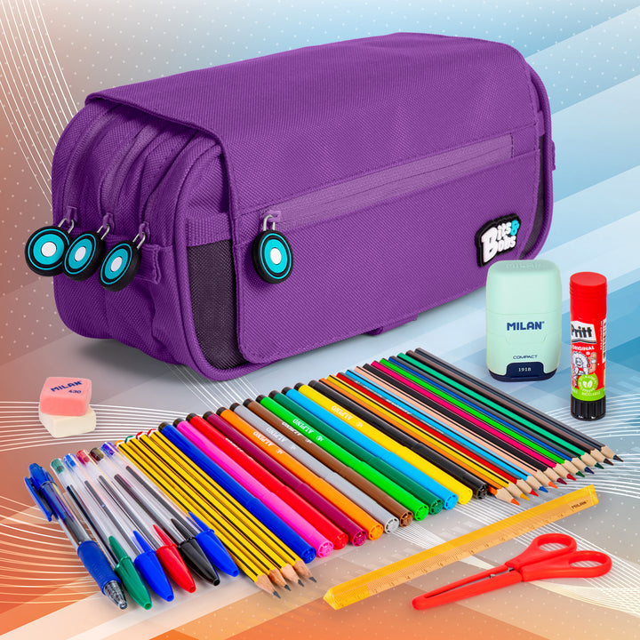 ColePack BitsBobs - Estuche Triple de 3 Cremalleras con Material Escolar Incluido. Violeta