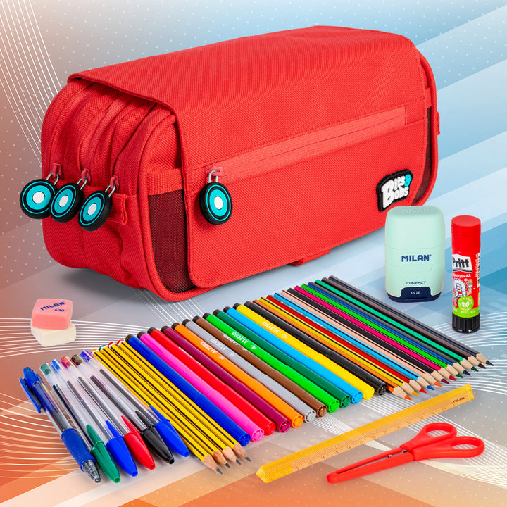 ColePack BitsBobs - Estuche Triple de 3 Cremalleras con Material Escolar Incluido. Rojo