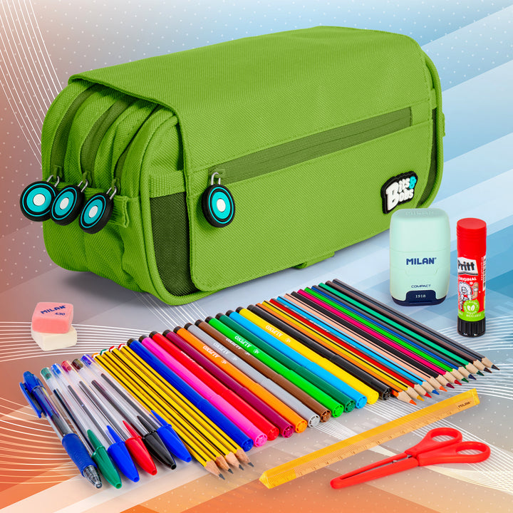 ColePack BitsBobs - Estuche Triple de 3 Cremalleras con Material Escolar Incluido. Verde