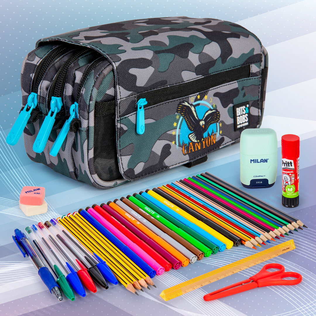 ColePack Design - Estuche Triple de 3 Cremalleras con Material Escolar Incluido. Stamps