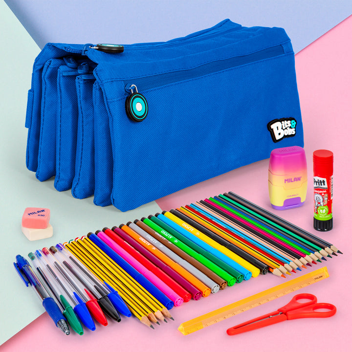 Grafoplás - Estuche Escolar Cuádruple de Alta Capacidad con Cuatro Cremalleras. Azul Oscuro