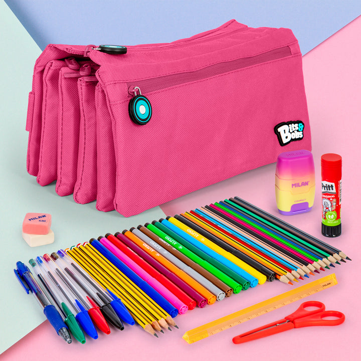 Grafoplás - Estuche Escolar Cuádruple de Alta Capacidad con Cuatro Cremalleras. Rosa