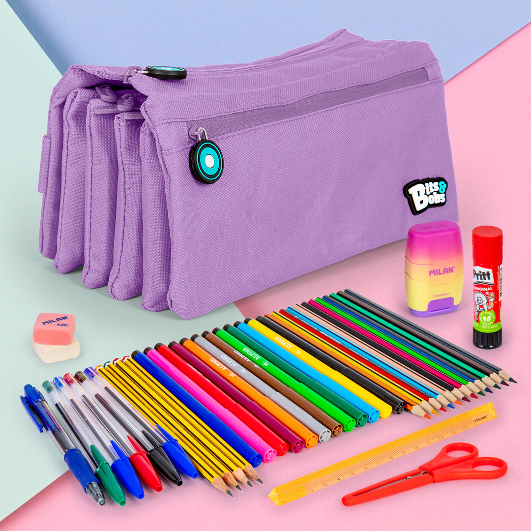 Grafoplás - Estuche Escolar Cuádruple de Alta Capacidad con Cuatro Cremalleras. Lavanda