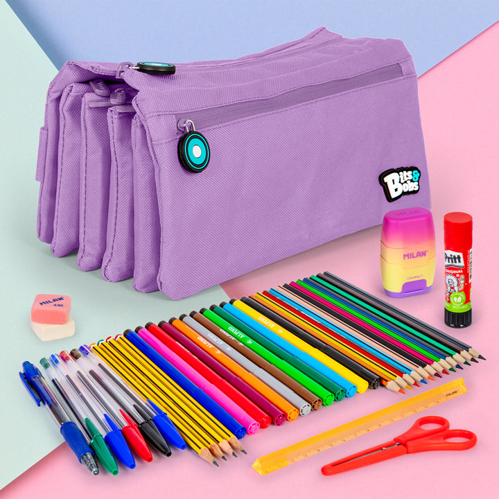 Grafoplás - Estuche Escolar Cuádruple de Alta Capacidad con Cuatro Cremalleras. Lavanda