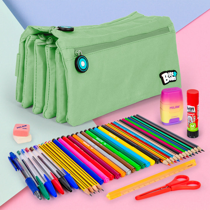 Grafoplás - Estuche Escolar Cuádruple de Alta Capacidad con Cuatro Cremalleras. Menta