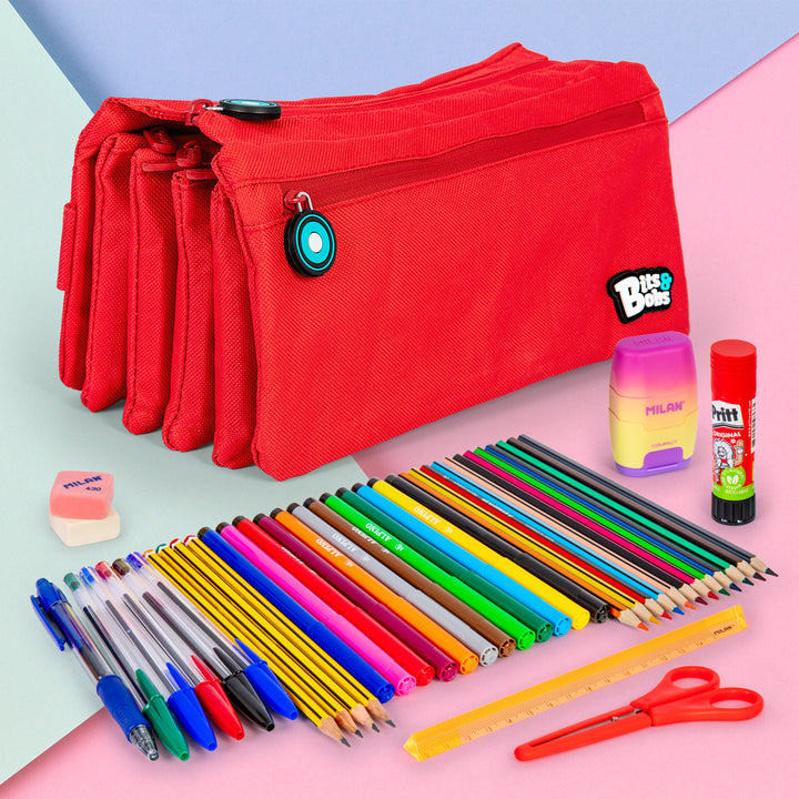 Grafoplás - Estuche Escolar Cuádruple de Alta Capacidad con Cuatro Cremalleras. Rojo