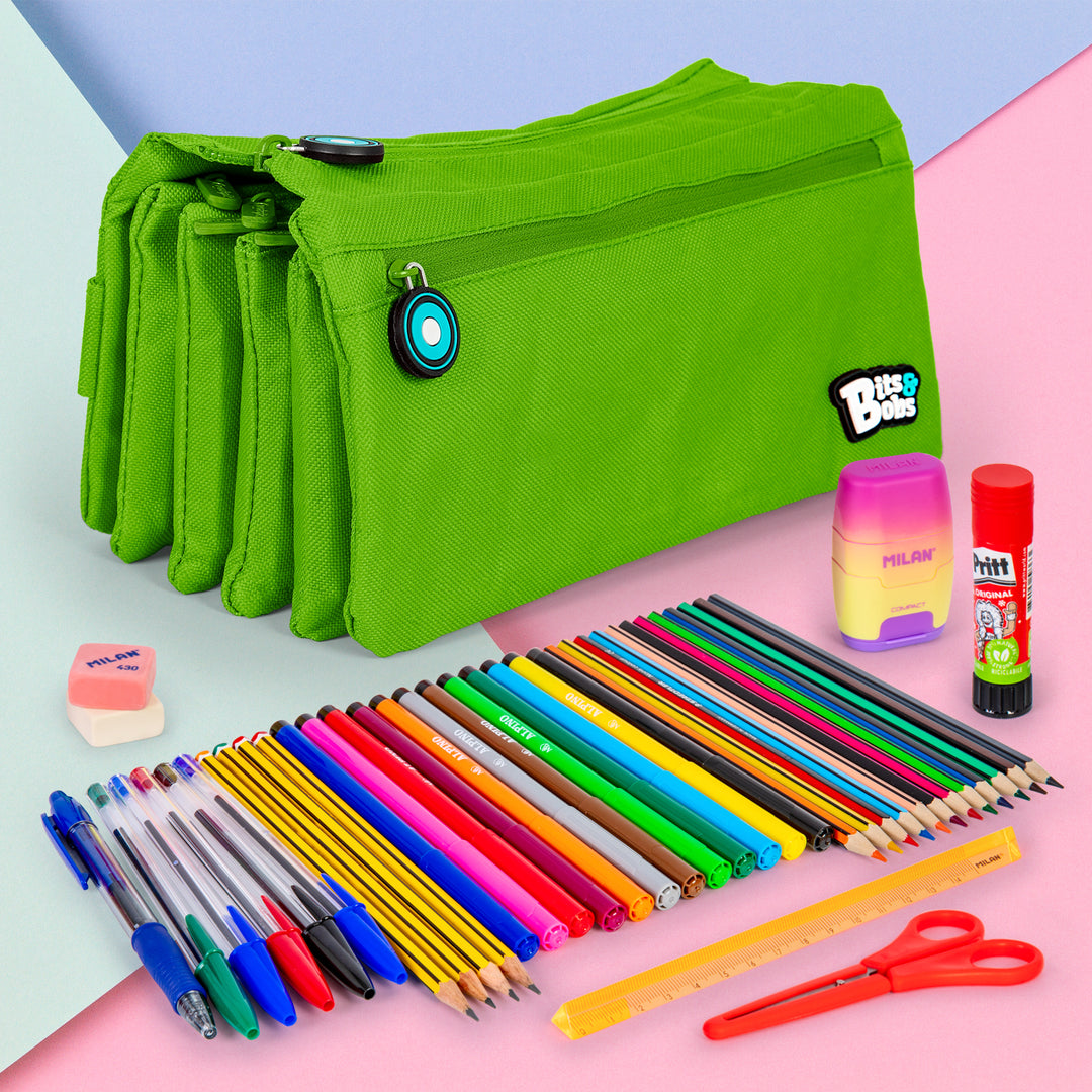 Grafoplás - Estuche Escolar Cuádruple de Alta Capacidad con Cuatro Cremalleras. Verde