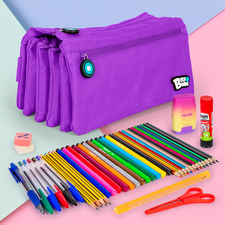 Grafoplás - Estuche Escolar Cuádruple de Alta Capacidad con Cuatro Cremalleras. Violeta