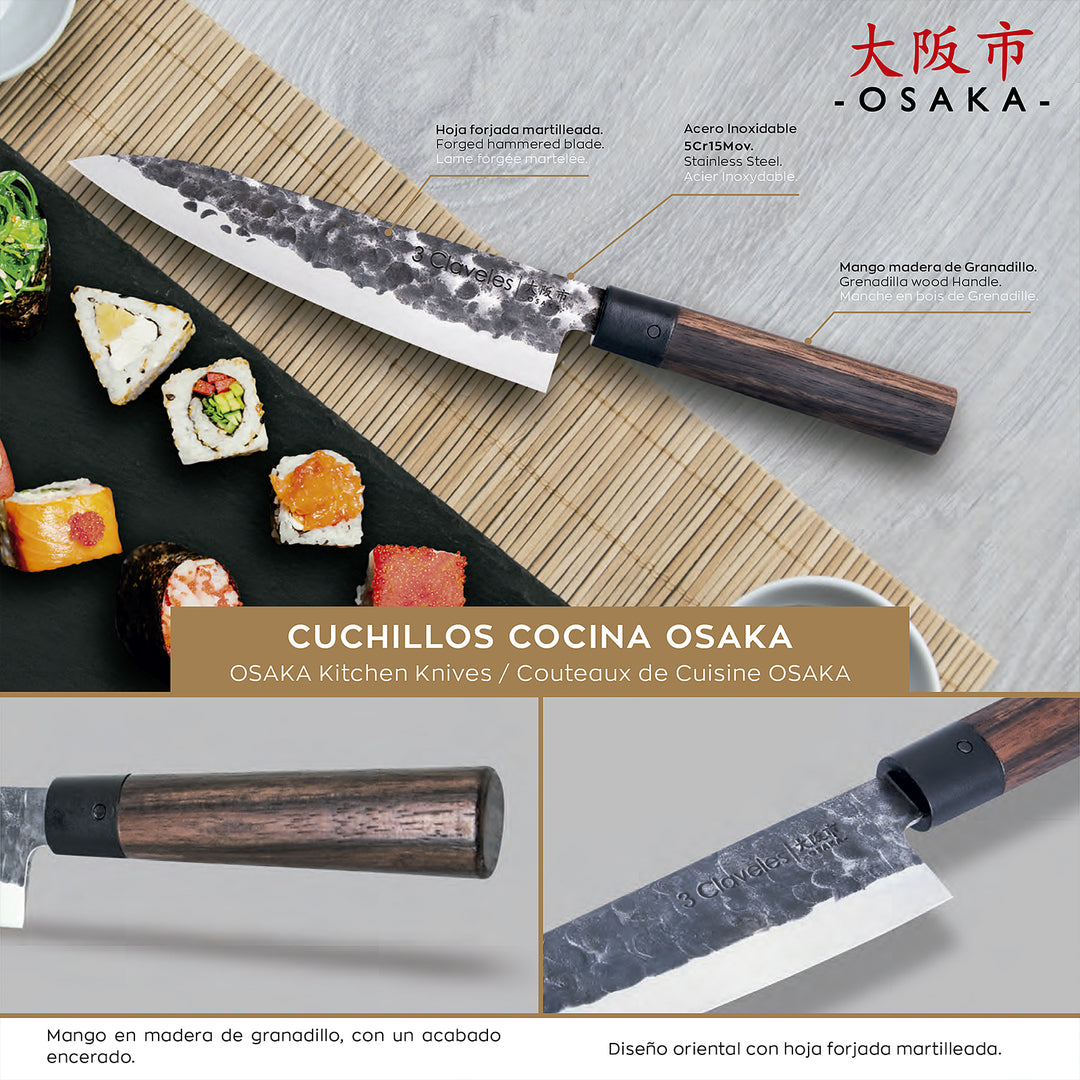 3 Claveles Osaka - Cuchillo Santoku 18 cm de Estilo Asiático Forjado a Mano